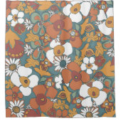 Floral Doodles Teal Sage Terracotta Orange シャワーカーテン (正面)