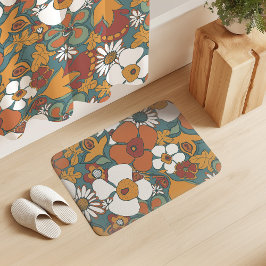 Floral Doodles Teal Sage Terracotta Orange バスマット