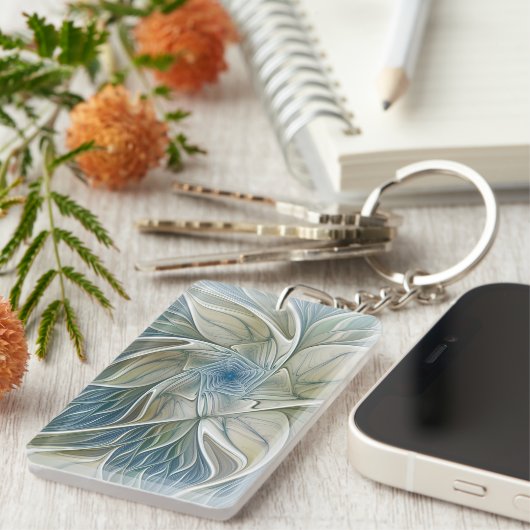 Floral Dream Pattern Abstract Blue Khaki Fractal キーホルダー (正面右)