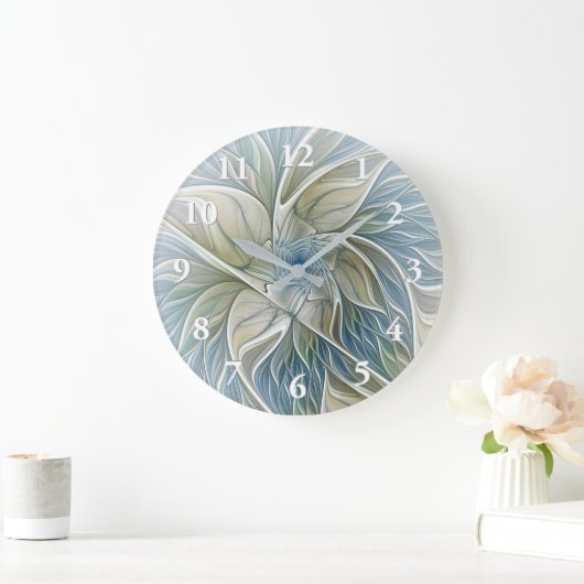 Floral Dream Pattern Abstract Blue Khaki Fractal ラージ壁時計 (ホーム)
