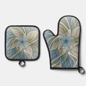 Floral Dream Pattern Abstract Blue Khaki Fractal 鍋つかみ&鍋敷きセット (正面)
