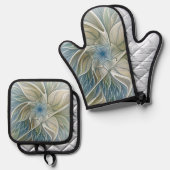 Floral Dream Pattern Abstract Blue Khaki Fractal 鍋つかみ&鍋敷きセット (正面/裏面)