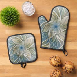 Floral Dream Pattern Abstract Blue Khaki Fractal 鍋つかみ&鍋敷きセット