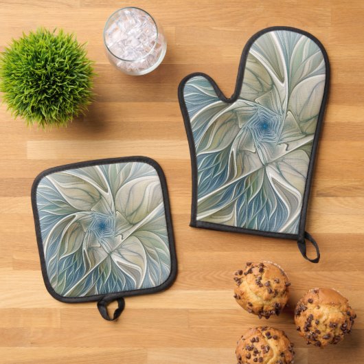 Floral Dream Pattern Abstract Blue Khaki Fractal 鍋つかみ&鍋敷きセット (トップダウン)