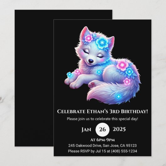 Floral Dreaming Wolf Art Birthday Invitation 招待状 (正面/裏面)