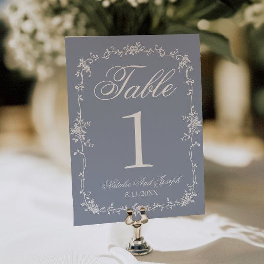 Floral Dusty Blue Botanical Wedding Table Number 招待状