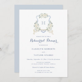 Floral Dusty Blue Crest Rehearsal Dinner Wedding 招待状