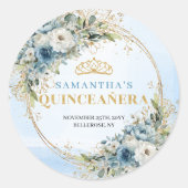 Floral Dusty Blue Gold Greenery Quinceañera Sticke ラウンドシール (正面)