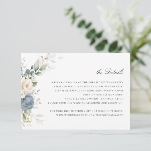 Floral Dusty Blue Greenery Wedding Details Insert 招待状 (スタンド正面)