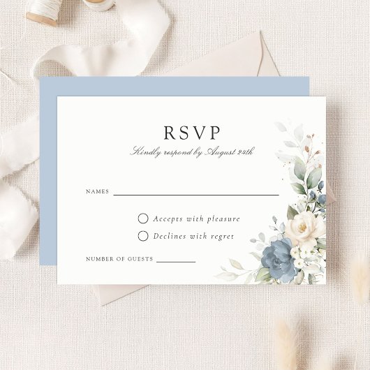 Floral Dusty Blue Greenery Wedding RSVP Card 招待状