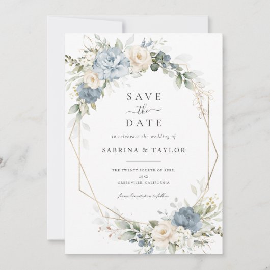 Floral Dusty Blue Greenery Wedding Save The Date 招待状 (正面)