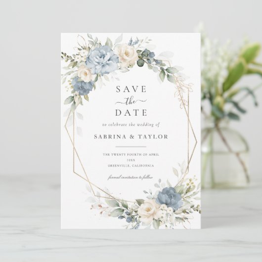 Floral Dusty Blue Greenery Wedding Save The Date 招待状 (スタンド正面)