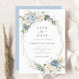 Floral Dusty Blue Greenery Wedding Save The Date 招待状
