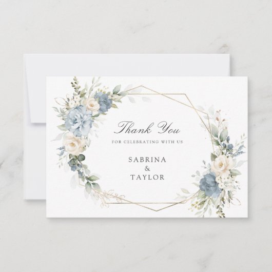 Floral Dusty Blue Greenery Wedding Thank You Card サンキューカード (正面)