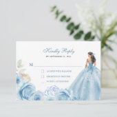 Floral Dusty Blue & Silver Princess Quinceañera 出欠カード (スタンド正面)