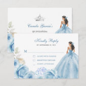 Floral Dusty Blue & Silver Princess Quinceañera 出欠カード (正面/裏面)