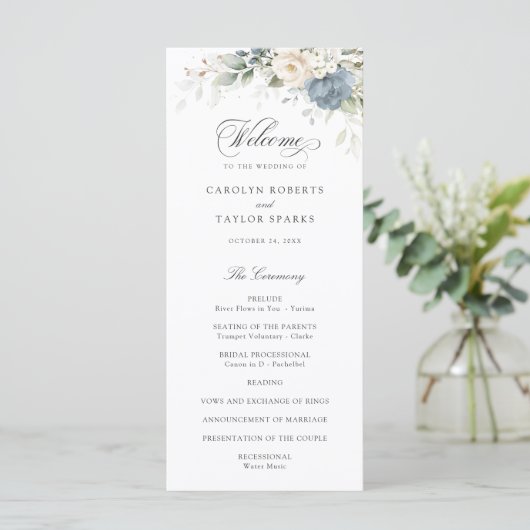 Floral Dusty Blue White Greenery Wedding Program プログラム (スタンド正面)