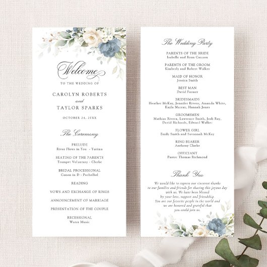 Floral Dusty Blue White Greenery Wedding Program プログラム