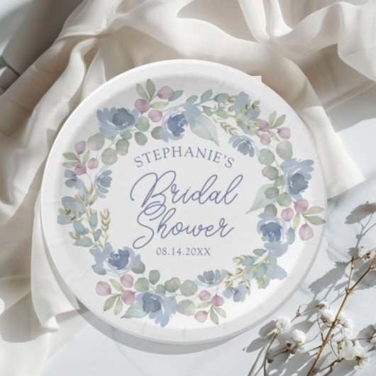 Floral Dusty Blue Wreath Bridal Shower ペーパープレート