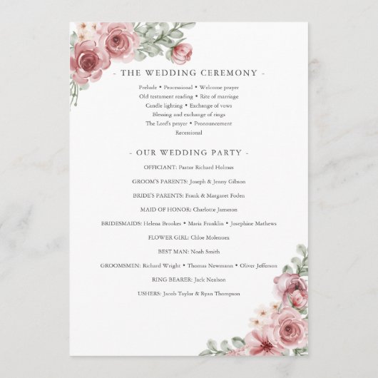 Floral Dusty Rose Elegant Wedding Program 招待状 (裏面)