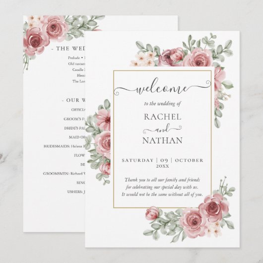 Floral Dusty Rose Elegant Wedding Program 招待状 (正面/裏面)