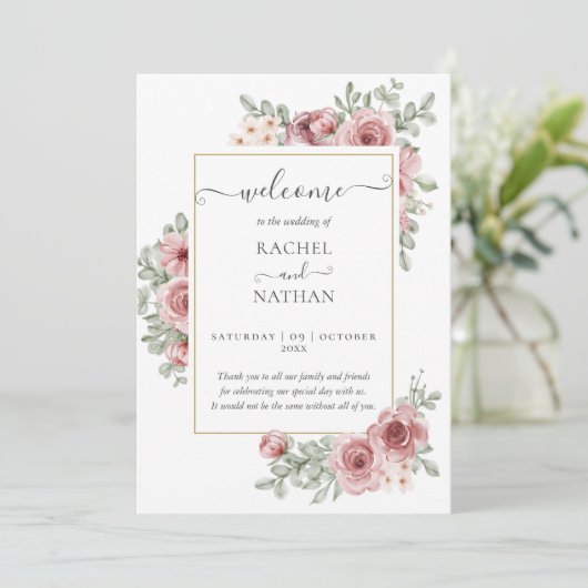 Floral Dusty Rose Elegant Wedding Program 招待状 (スタンド正面)