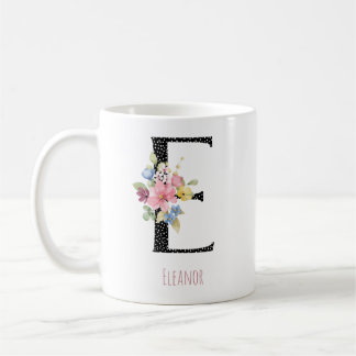 Floral E Monogram Name Black Polka Dot Coffee Mug コーヒーマグカップ