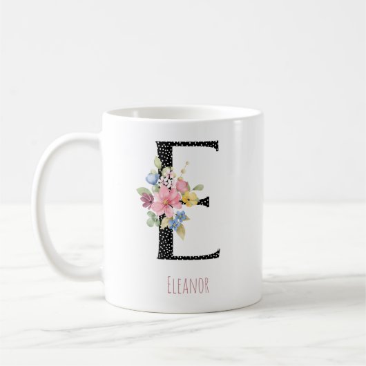 Floral E Monogram Name Black Polka Dot Coffee Mug コーヒーマグカップ (左)