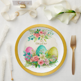 Floral Easter Eggs & Pink Roses Personalized Party ペーパープレート