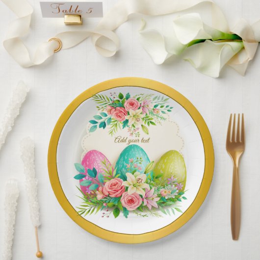Floral Easter Eggs & Pink Roses Personalized Party ペーパープレート (ウェディング)