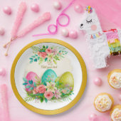 Floral Easter Eggs & Pink Roses Personalized Party ペーパープレート (パーティー)