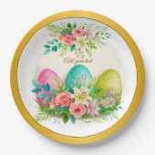 Floral Easter Eggs & Pink Roses Personalized Party ペーパープレート (正面)