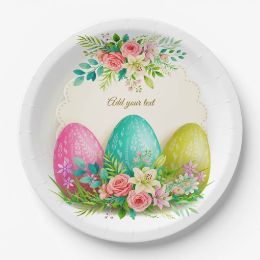 Floral Easter Eggs & Pink Roses Personalized Party ペーパープレート (正面)