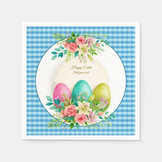 Floral Easter Eggs & Watercolor Pink Roses スタンダードカクテルナプキン (正面)