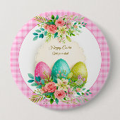 Floral Easter Eggs & Watercolor Pink Roses 缶バッジ (正面)