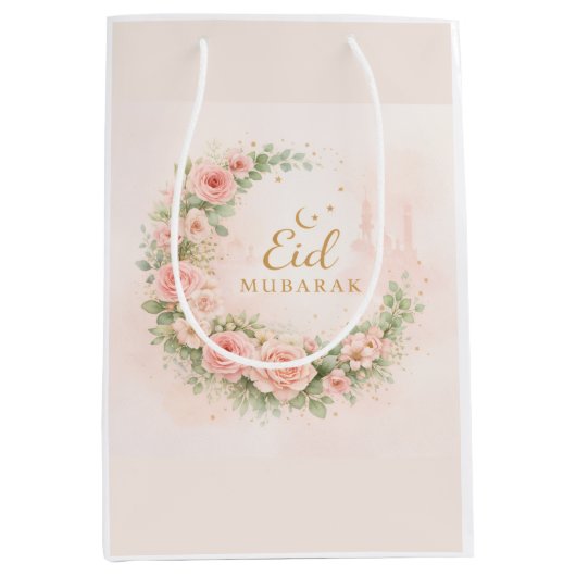 Floral Eid Mubarak – Blush Pink Islamic Gift f ミディアムペーパーバッグ (正面)