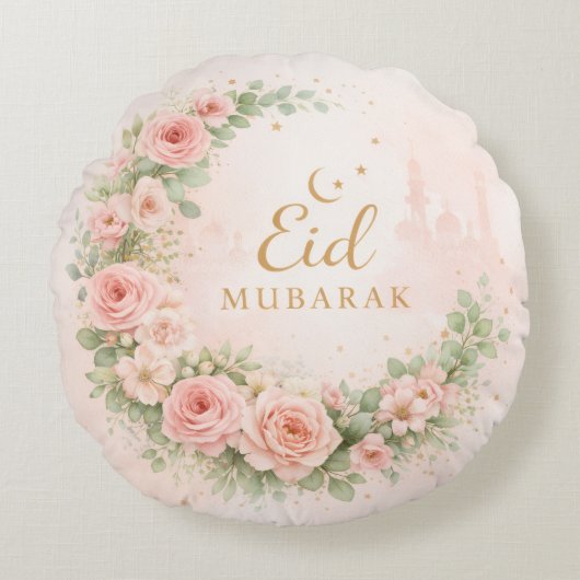 Floral Eid Mubarak – Blush Pink Islamic Gift f ラウンドクッション (正面)