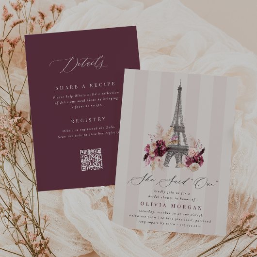 Floral Eiffel Tower Double Sided Bridal Shower 招待状