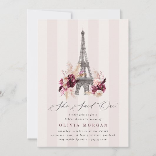 Floral Eiffel Tower Double Sided Bridal Shower 招待状 (正面)