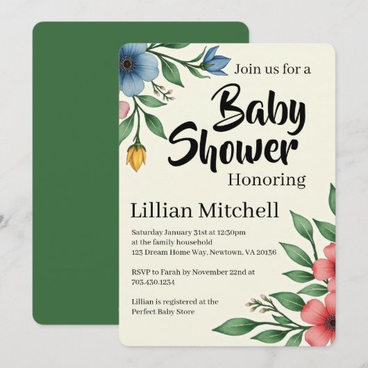 Floral Elegance Baby Shower Invite 招待状 (正面/裏面)
