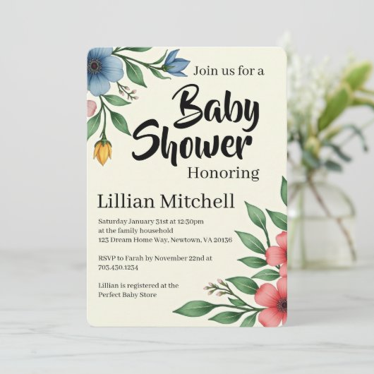 Floral Elegance Baby Shower Invite 招待状 (スタンド正面)
