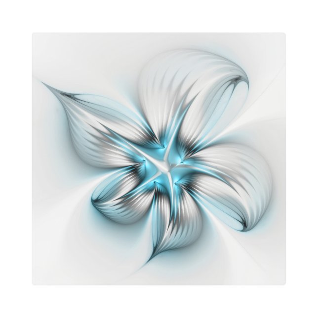 Floral Elegance Modern Abstract Blue Fractal Art メタルプリント (正面)