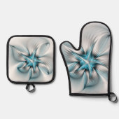 Floral Elegance Modern Abstract Blue Fractal Art 鍋つかみ&鍋敷きセット (正面)