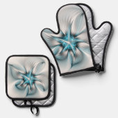 Floral Elegance Modern Abstract Blue Fractal Art 鍋つかみ&鍋敷きセット (正面/裏面)