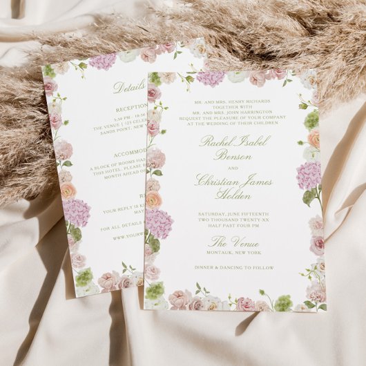 Floral Elegance Pink Green All in one Wedding 招待状