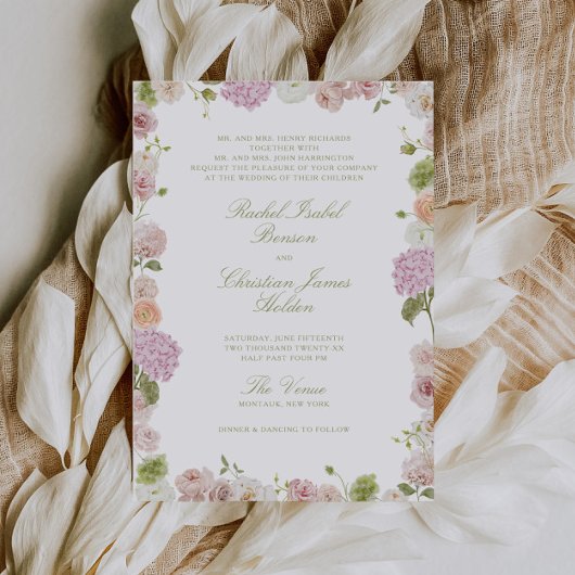 Floral Elegance Pink Green Frame Wedding 招待状