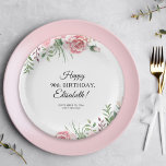 Floral elegant 90th birthday party  ペーパープレート<br><div class="desc">Stylish rustic pink roses,  feminine floral 90th birthday party table decorations - name personalized paper plates.</div>