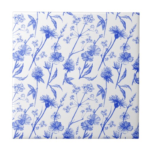 Floral Elegant Blue Flowers Ceramic Tile タイル (正面)