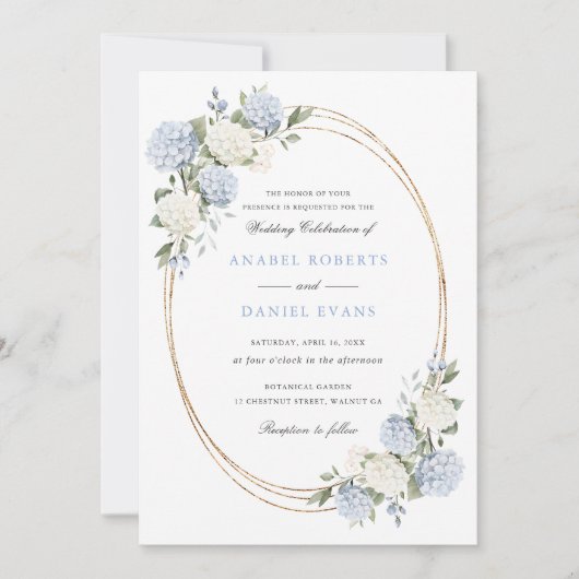 Floral Elegant Blue Hydrangea Greenery Wedding 招待状 (正面)