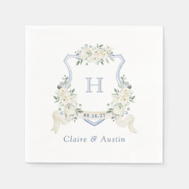 Floral Elegant Crest Dusty Blue Wedding Monogram スタンダードカクテルナプキン